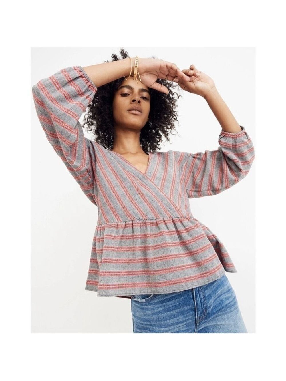 Madewell Striped Bubble-Sleeve Peplum Top XXS